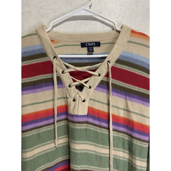 CHAPS Womens V-Neck Sweater Multi-Color Striped Long Sleeve Lace Up Rainbow 1X - Picture 5 of 9